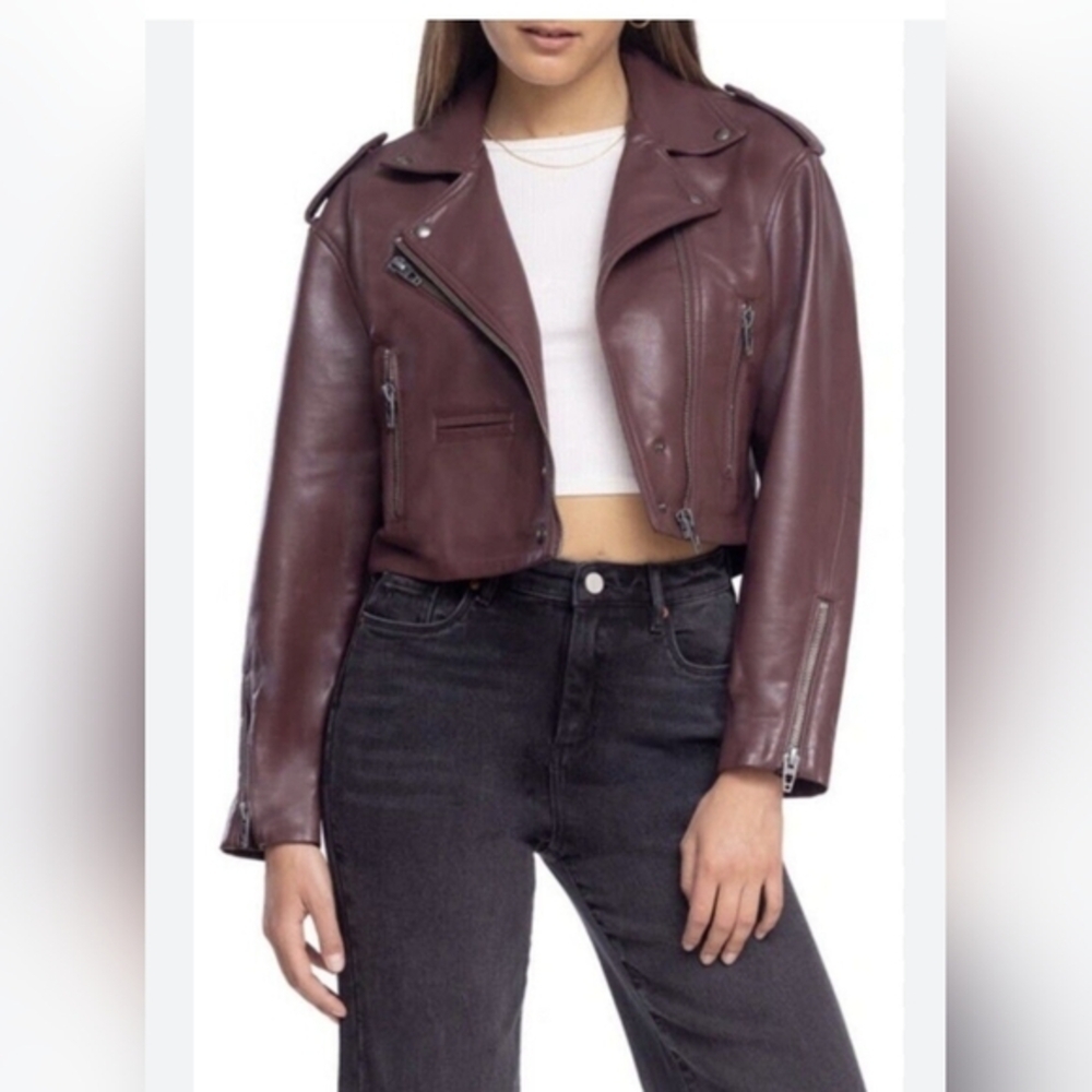 BLANK NYC Faux Leather Head Over Heels Burgundy plum Crop Moto Jacket size M new